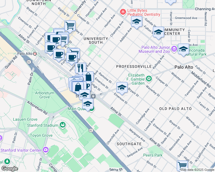 map of restaurants, bars, coffee shops, grocery stores, and more near 1133 Emerson Street in Palo Alto