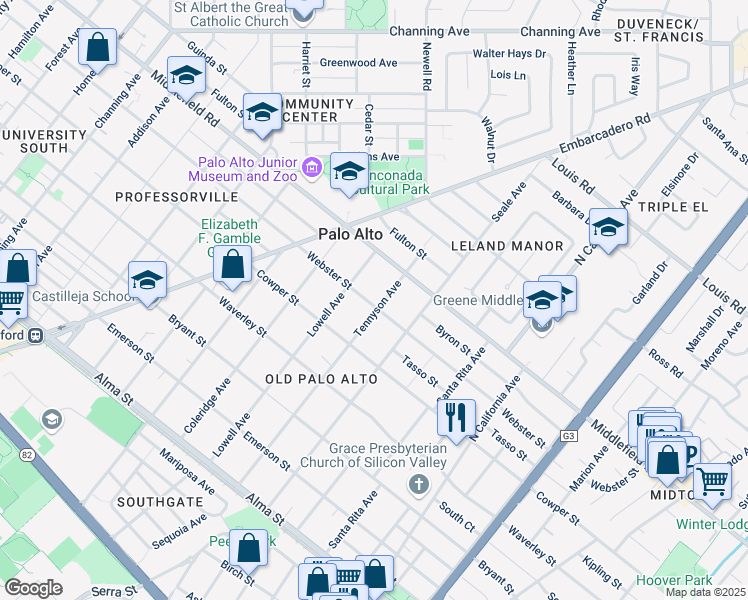 map of restaurants, bars, coffee shops, grocery stores, and more near 1755 Webster Street in Palo Alto
