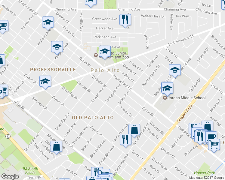 map of restaurants, bars, coffee shops, grocery stores, and more near 1755 Webster Street in Palo Alto
