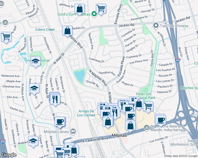 map of restaurants, bars, coffee shops, grocery stores, and more near 602 Folsom Circle in Milpitas