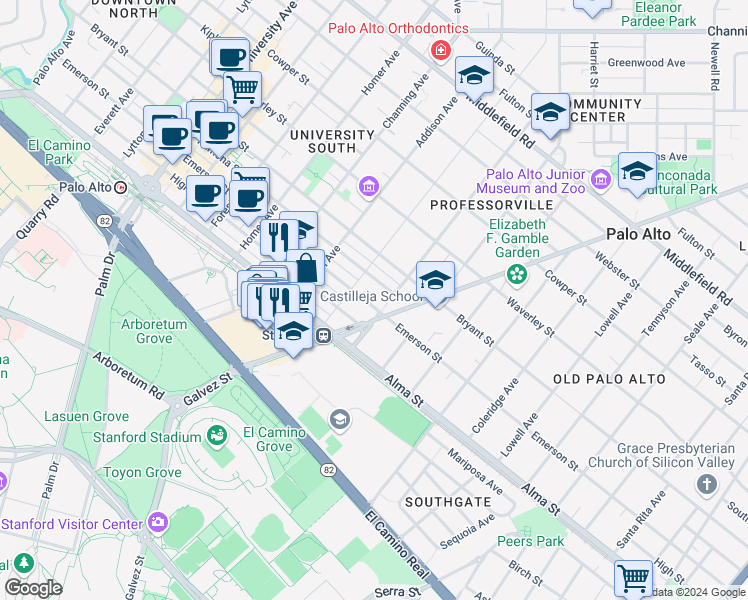 map of restaurants, bars, coffee shops, grocery stores, and more near 1133 Emerson Street in Palo Alto