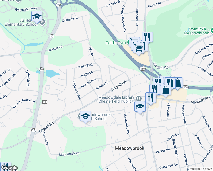 map of restaurants, bars, coffee shops, grocery stores, and more near 5719 Upp Street in Richmond