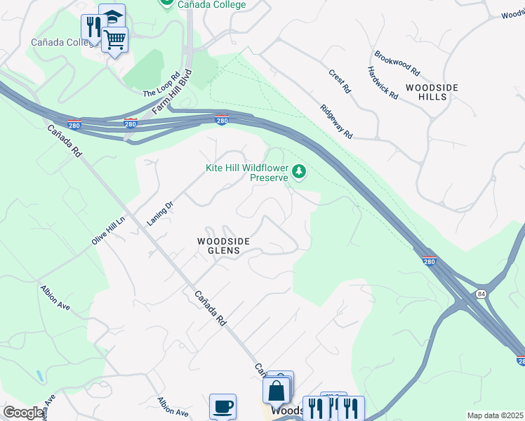 map of restaurants, bars, coffee shops, grocery stores, and more near 221 Highland Terrace in Woodside
