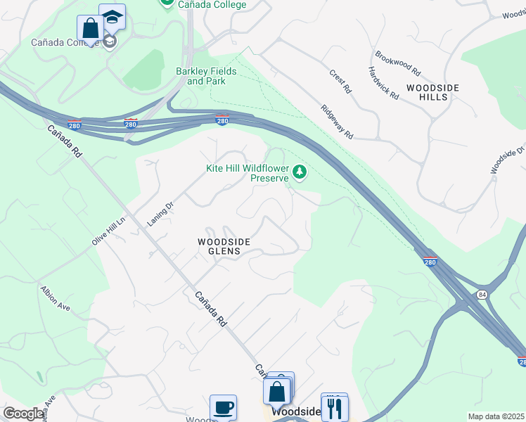 map of restaurants, bars, coffee shops, grocery stores, and more near 221 Highland Terrace in Woodside