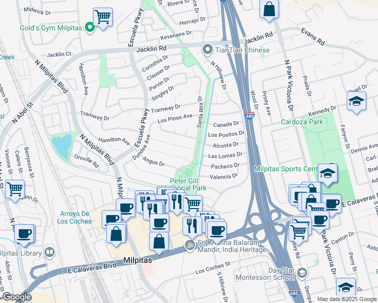 map of restaurants, bars, coffee shops, grocery stores, and more near 683 Shetland Court in Milpitas