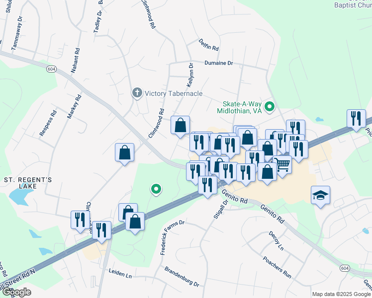 map of restaurants, bars, coffee shops, grocery stores, and more near 3702 Banana Lane in Midlothian