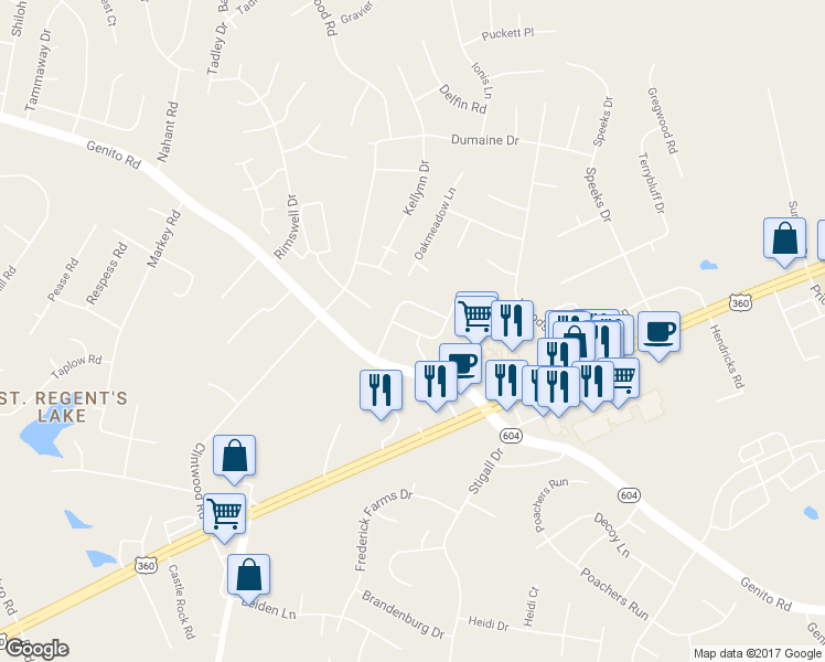 map of restaurants, bars, coffee shops, grocery stores, and more near 3708 Banana Lane in Midlothian