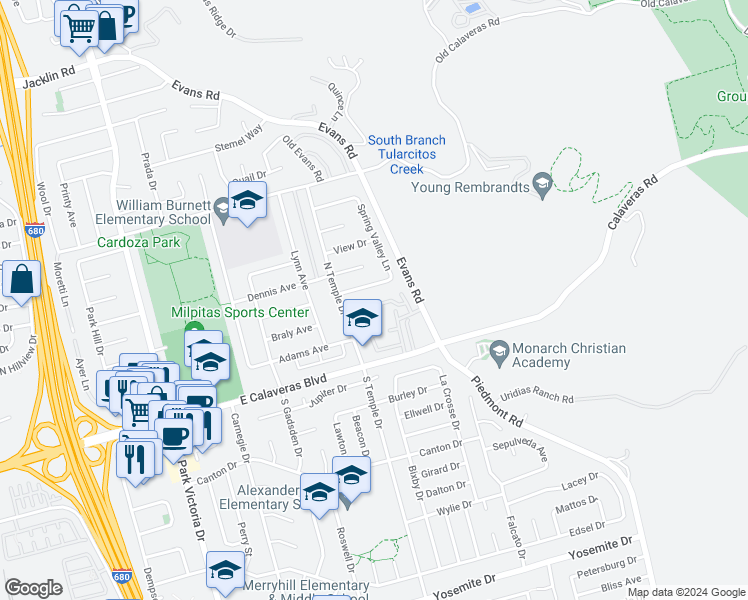 map of restaurants, bars, coffee shops, grocery stores, and more near 1803 Strawberry Lane in Milpitas