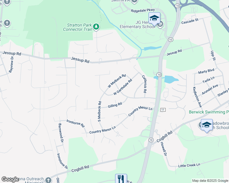 map of restaurants, bars, coffee shops, grocery stores, and more near 5416 West Garthdale Road in Richmond