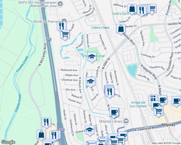 map of restaurants, bars, coffee shops, grocery stores, and more near 856 Penitencia Street in Milpitas