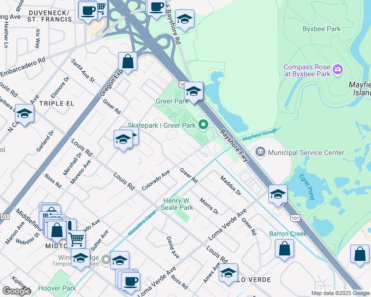 map of restaurants, bars, coffee shops, grocery stores, and more near 1131 Colorado Avenue in Palo Alto