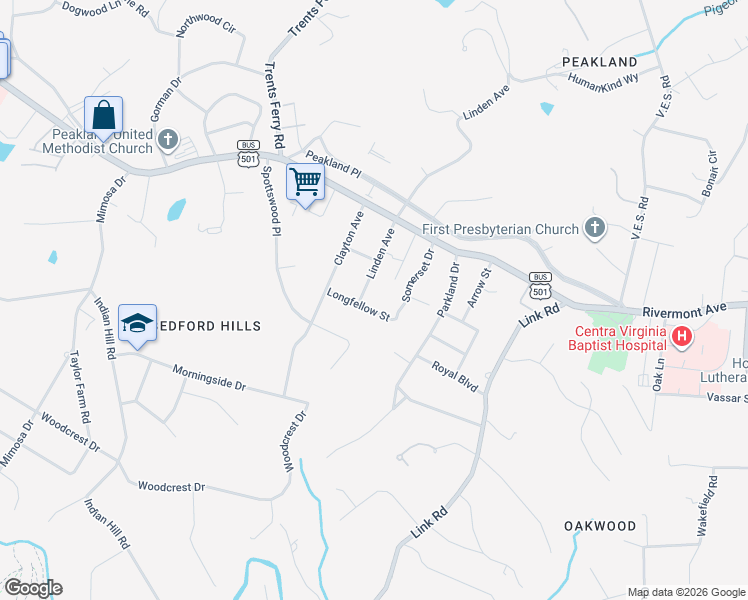 map of restaurants, bars, coffee shops, grocery stores, and more near 1628 Linden Ave in Lynchburg