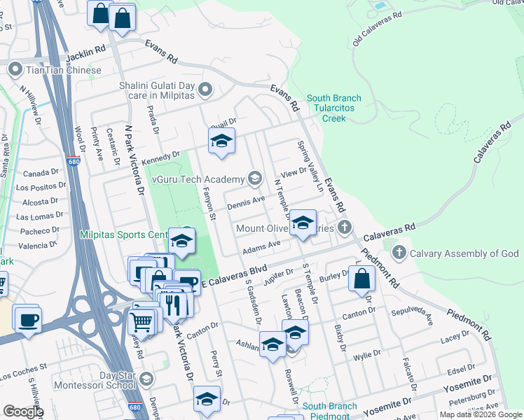 map of restaurants, bars, coffee shops, grocery stores, and more near 133 North Temple Drive in Milpitas