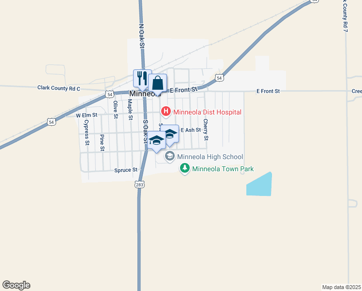 map of restaurants, bars, coffee shops, grocery stores, and more near 315 S Chestnut St in Minneola