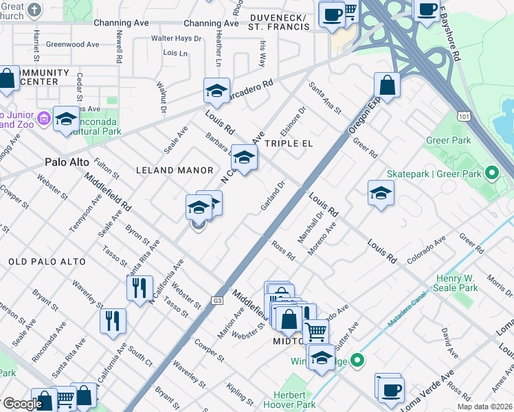 map of restaurants, bars, coffee shops, grocery stores, and more near 841 Garland Drive in Palo Alto