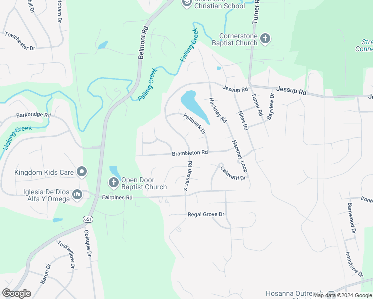 map of restaurants, bars, coffee shops, grocery stores, and more near 6500 Brambleton Road in Chesterfield