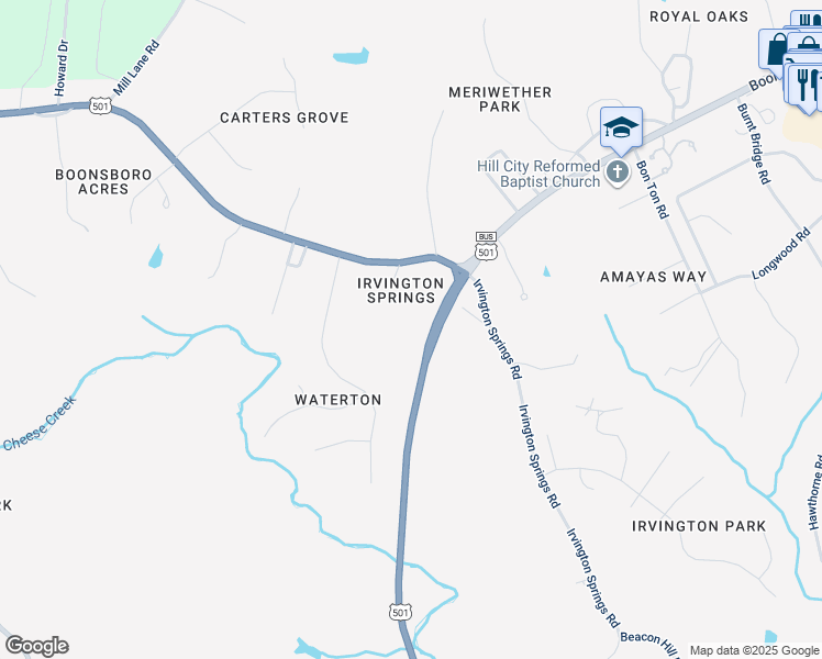 map of restaurants, bars, coffee shops, grocery stores, and more near Hillcrest Avenue in Lynchburg