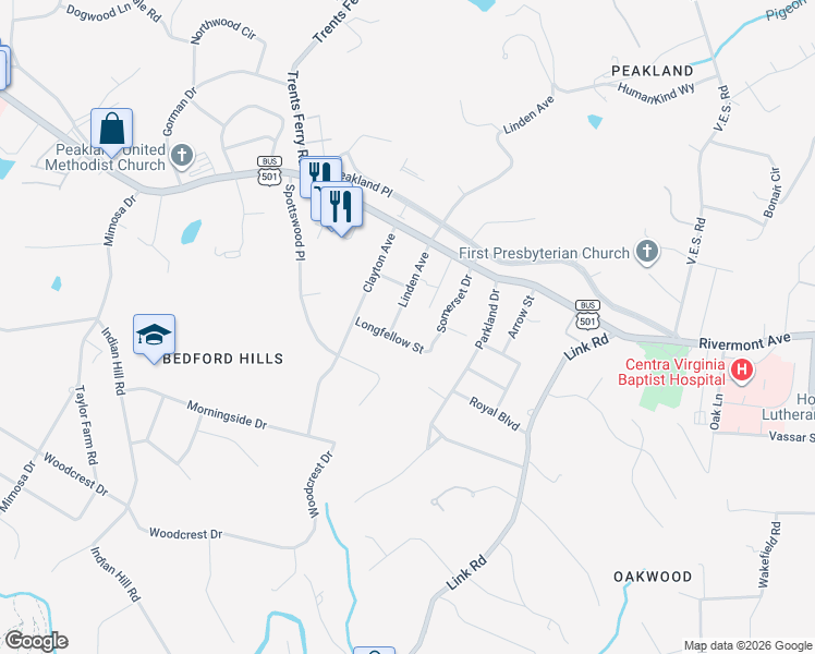 map of restaurants, bars, coffee shops, grocery stores, and more near 1628 Linden Avenue in Lynchburg