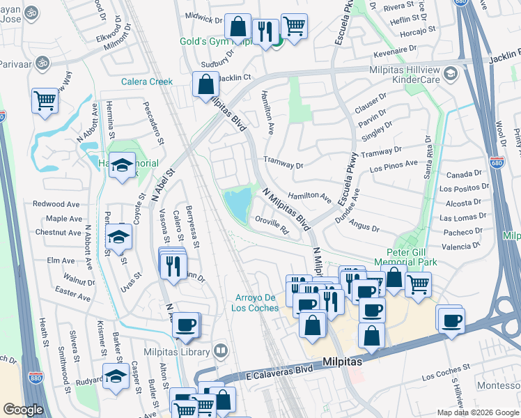 map of restaurants, bars, coffee shops, grocery stores, and more near 291 Klamath Road in Milpitas