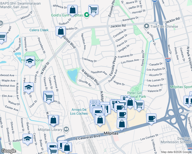 map of restaurants, bars, coffee shops, grocery stores, and more near 581 Hamilton Avenue in Milpitas