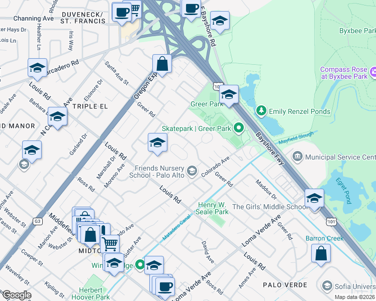 map of restaurants, bars, coffee shops, grocery stores, and more near 998 Van Auken Circle in Palo Alto