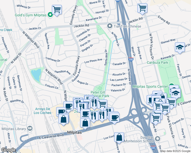 map of restaurants, bars, coffee shops, grocery stores, and more near 624 Shetland Court in Milpitas
