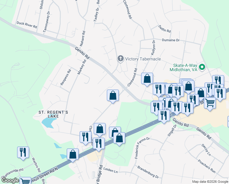 map of restaurants, bars, coffee shops, grocery stores, and more near 3510 Clintwood Road in Midlothian
