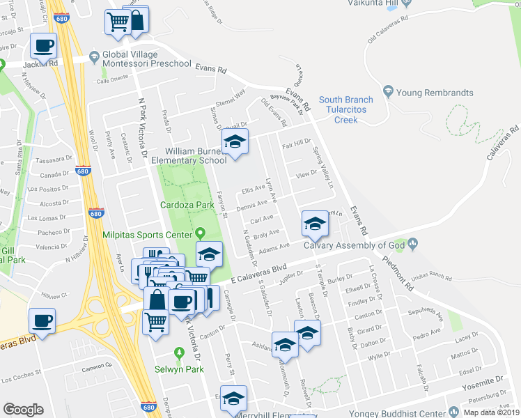 map of restaurants, bars, coffee shops, grocery stores, and more near 1564 Dennis Avenue in Milpitas