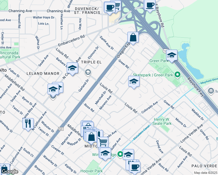 map of restaurants, bars, coffee shops, grocery stores, and more near 2543 Louis Road in Palo Alto