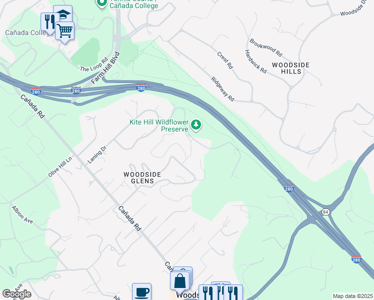 map of restaurants, bars, coffee shops, grocery stores, and more near 112 Highland Terrace in Woodside