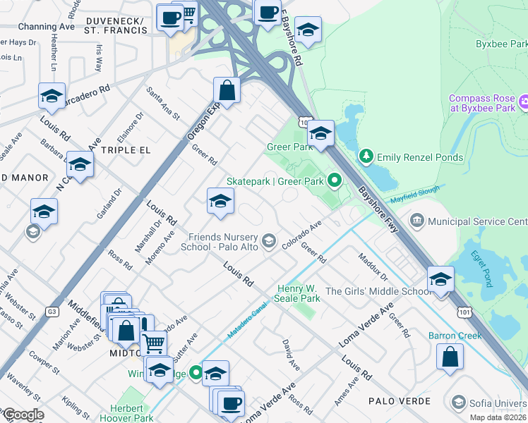 map of restaurants, bars, coffee shops, grocery stores, and more near 998 Van Auken Circle in Palo Alto