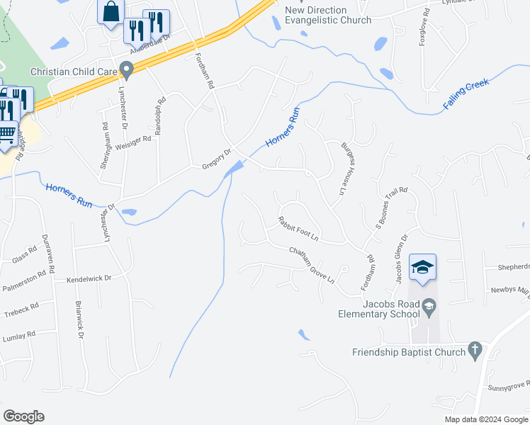 map of restaurants, bars, coffee shops, grocery stores, and more near 9232 Chatham Grove Lane in Richmond