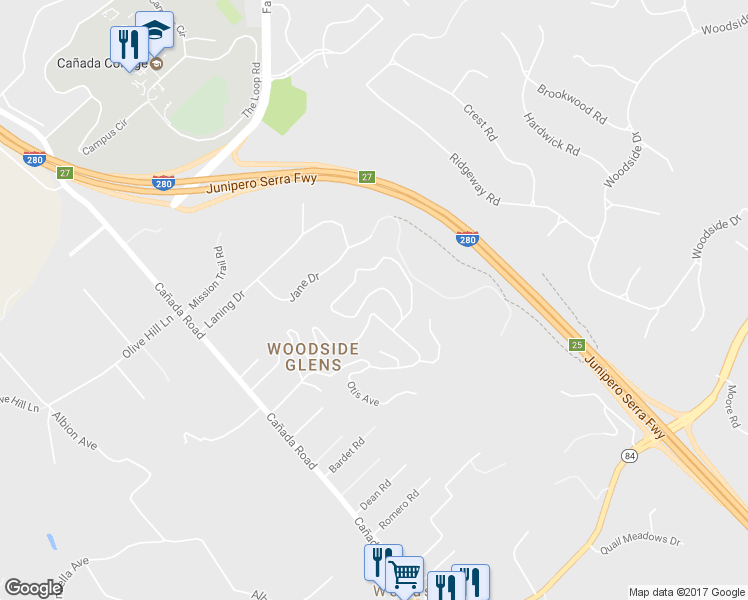 map of restaurants, bars, coffee shops, grocery stores, and more near 215 Highland Terrace in Woodside