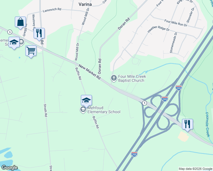 map of restaurants, bars, coffee shops, grocery stores, and more near 2935 New Market Road in Richmond