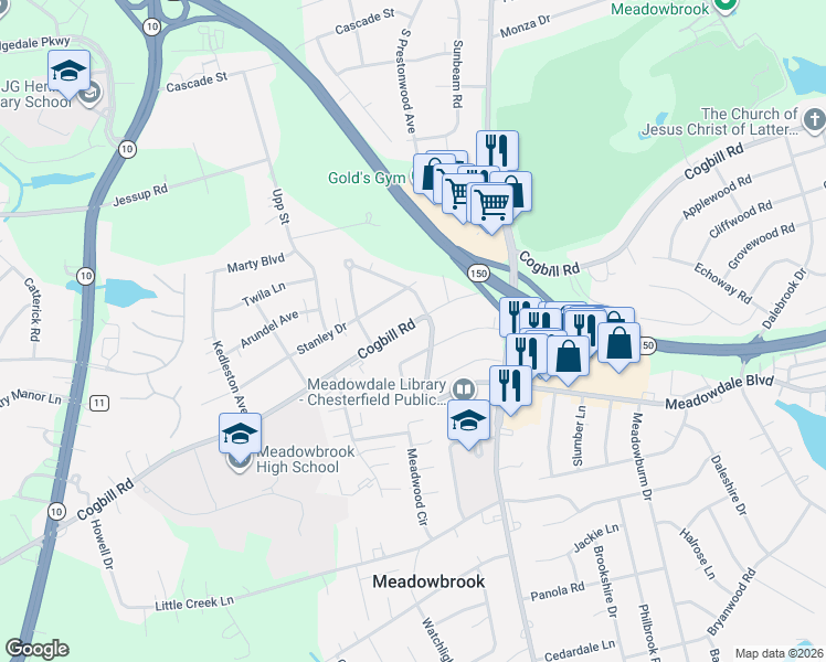 map of restaurants, bars, coffee shops, grocery stores, and more near 4417 Cogbill Road in Richmond