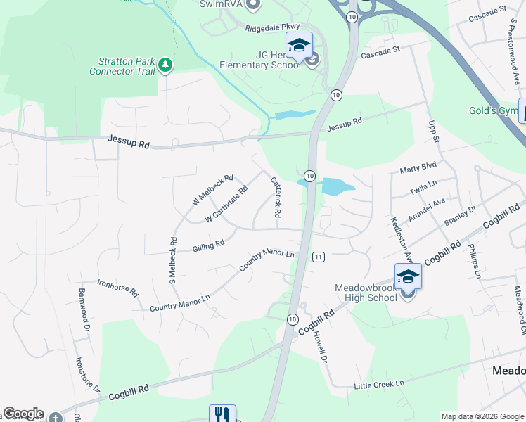 map of restaurants, bars, coffee shops, grocery stores, and more near 5620 Catterick Road in Richmond