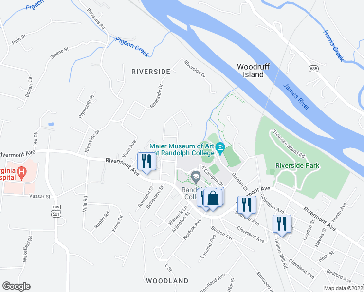 map of restaurants, bars, coffee shops, grocery stores, and more near 84 North Princeton Circle in Lynchburg