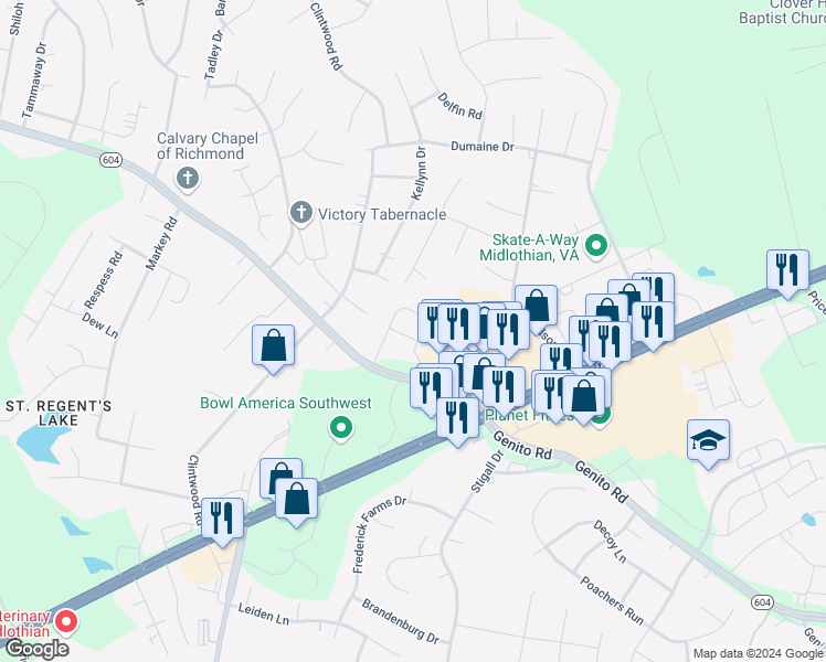 map of restaurants, bars, coffee shops, grocery stores, and more near 3702 Banana Lane in Midlothian