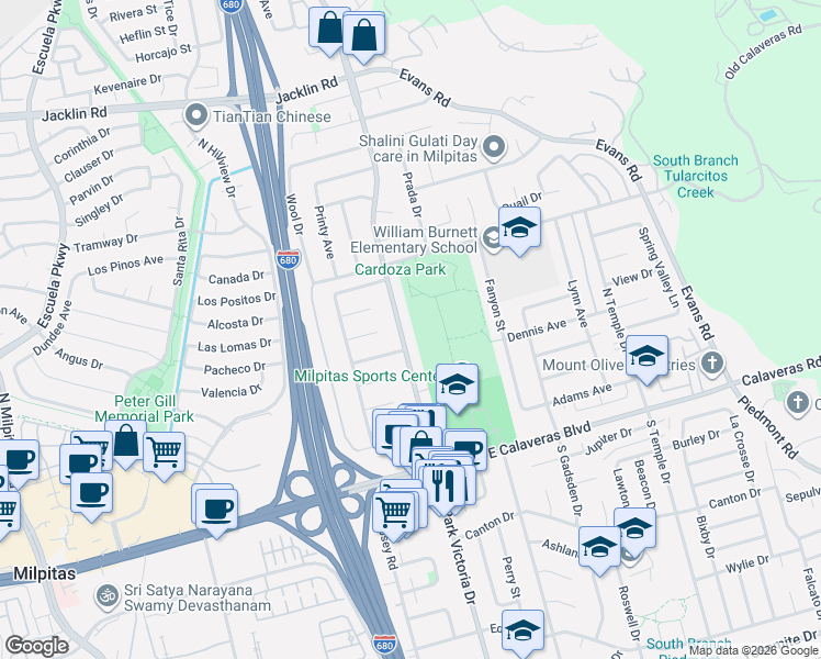 map of restaurants, bars, coffee shops, grocery stores, and more near 312 North Park Victoria Drive in Milpitas