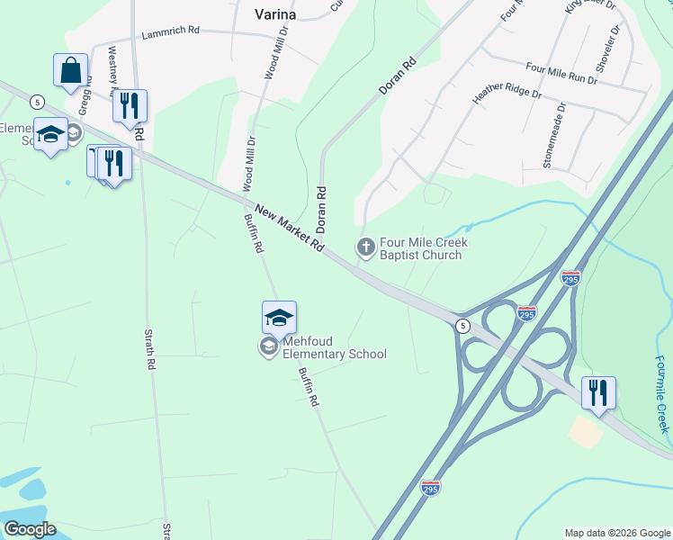 map of restaurants, bars, coffee shops, grocery stores, and more near 2935 New Market Road in Richmond