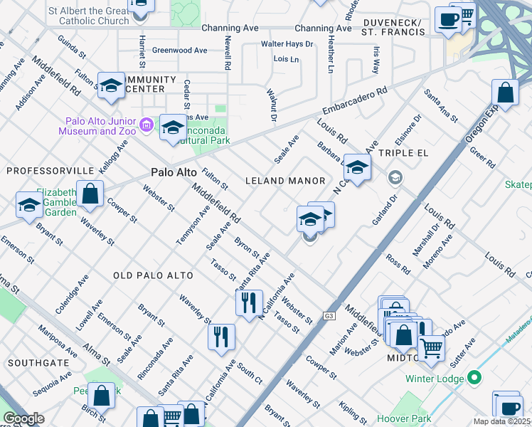 map of restaurants, bars, coffee shops, grocery stores, and more near 740 Northampton Drive in Palo Alto