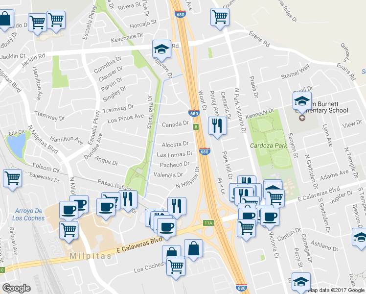 map of restaurants, bars, coffee shops, grocery stores, and more near 870 Alcosta Drive in Milpitas