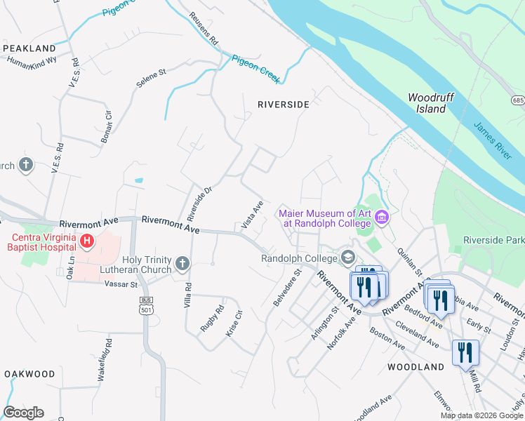 map of restaurants, bars, coffee shops, grocery stores, and more near 5 Vista Avenue in Lynchburg