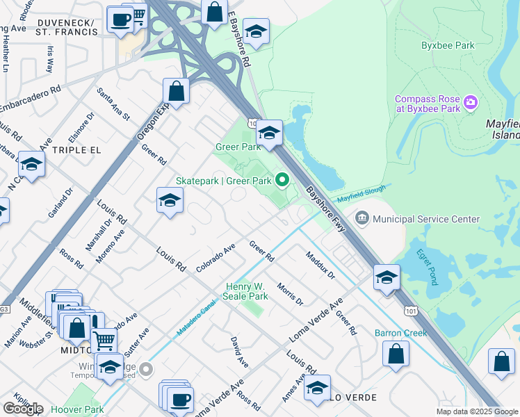 map of restaurants, bars, coffee shops, grocery stores, and more near 1131 Colorado Avenue in Palo Alto