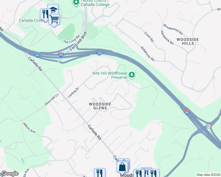 map of restaurants, bars, coffee shops, grocery stores, and more near 215 Highland Terrace in Woodside