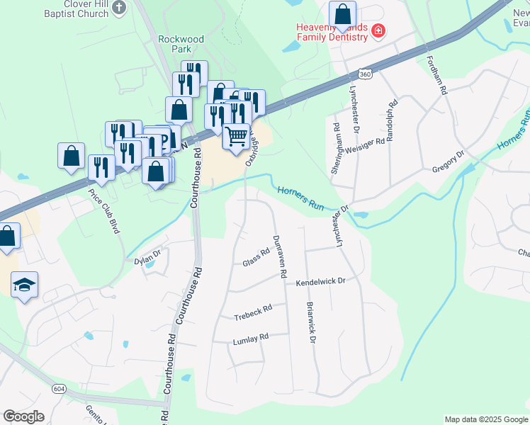 map of restaurants, bars, coffee shops, grocery stores, and more near 3830 Dunraven Road in Richmond