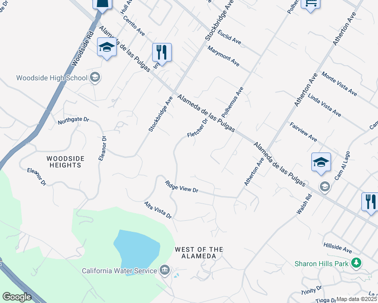 map of restaurants, bars, coffee shops, grocery stores, and more near 335 Fletcher Drive in Atherton