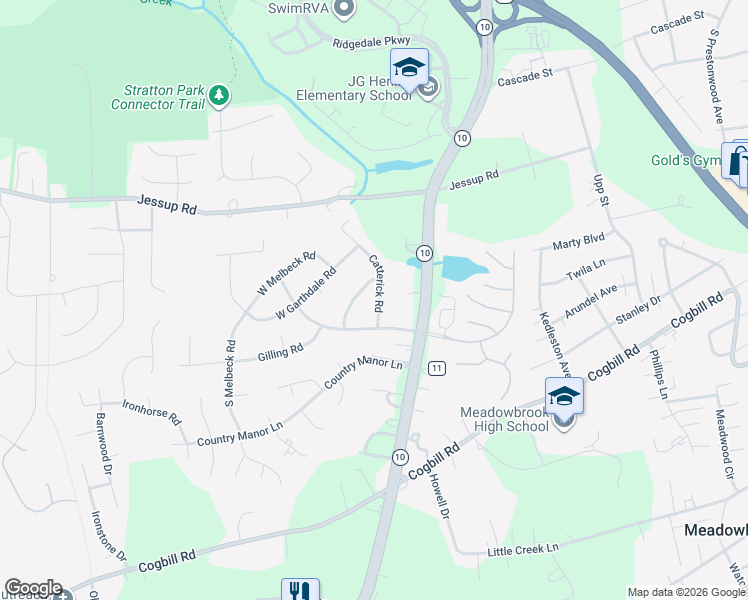 map of restaurants, bars, coffee shops, grocery stores, and more near 5620 Catterick Road in Richmond