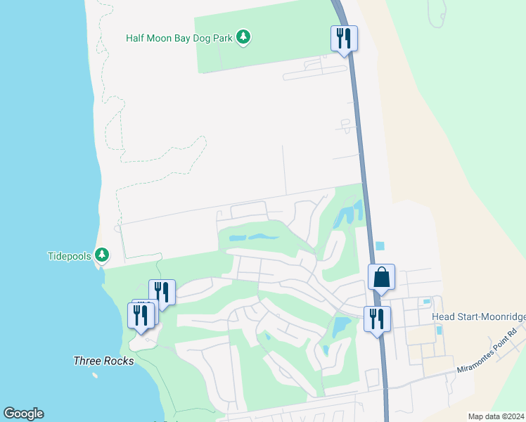 map of restaurants, bars, coffee shops, grocery stores, and more near 102 Carnoustie Drive in Half Moon Bay