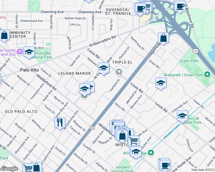 map of restaurants, bars, coffee shops, grocery stores, and more near 841 Garland Drive in Palo Alto